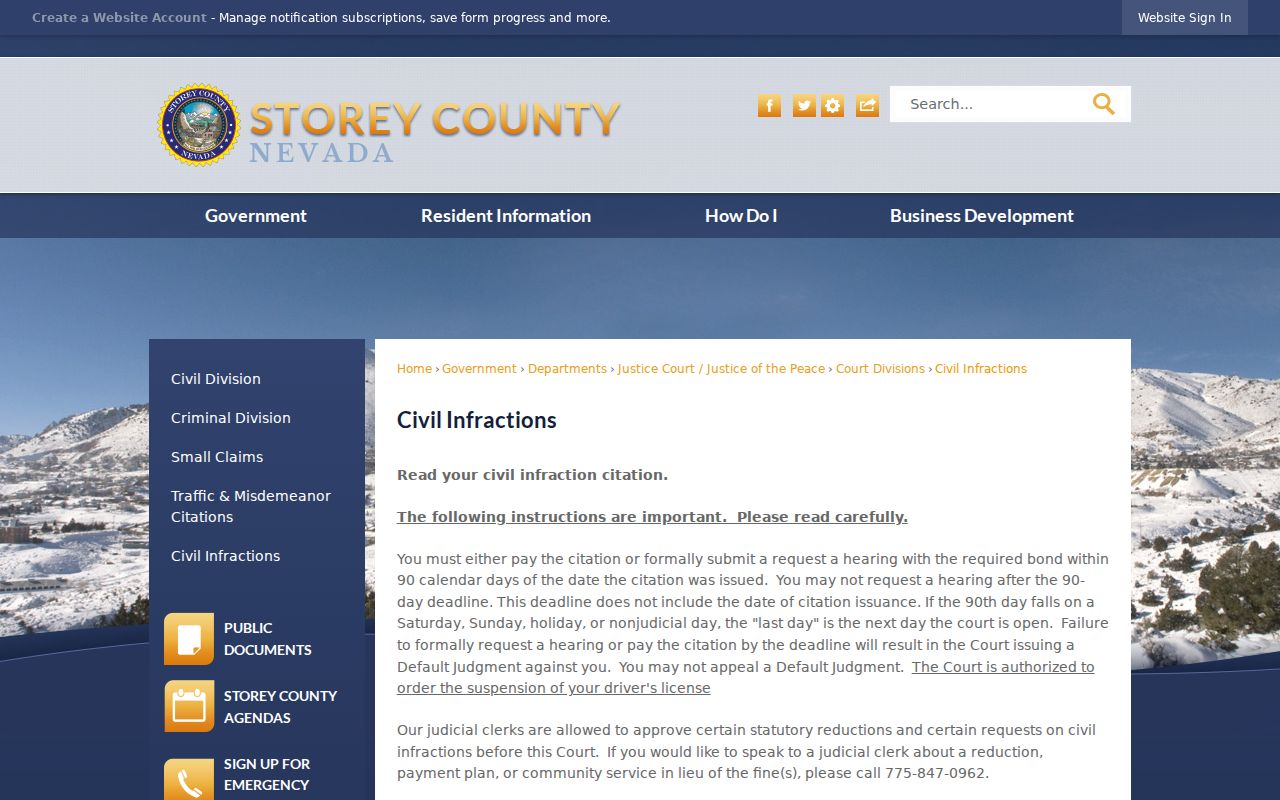 Storey County traffic warrant civil infraction deadline