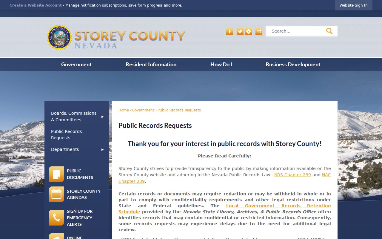 Storey County warrant records public records request process
