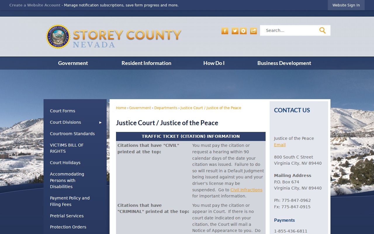 Storey County Justice Court contact for warrant records