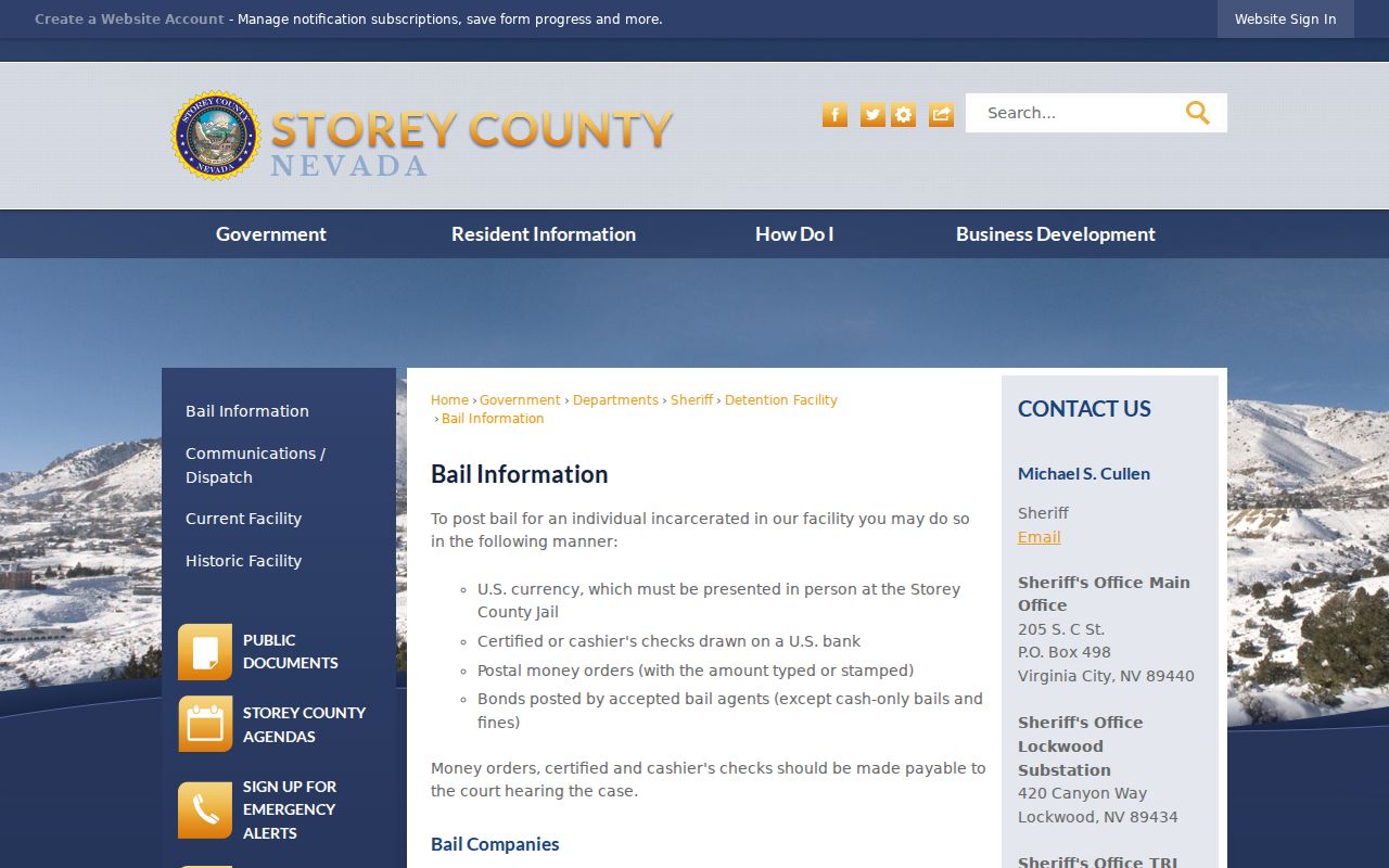 Storey County bench warrant bail information