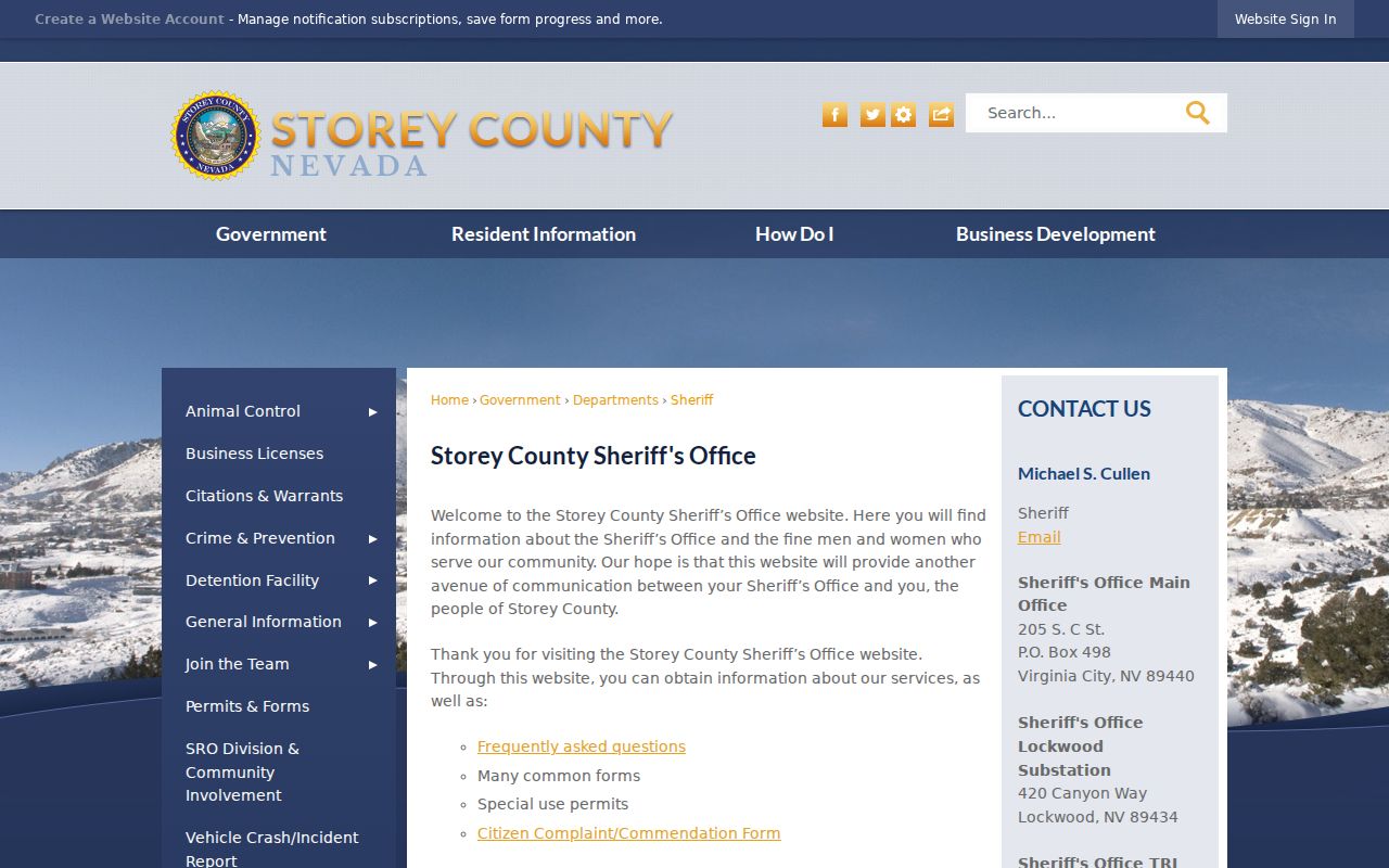 Storey County active warrant Sheriff services and contact